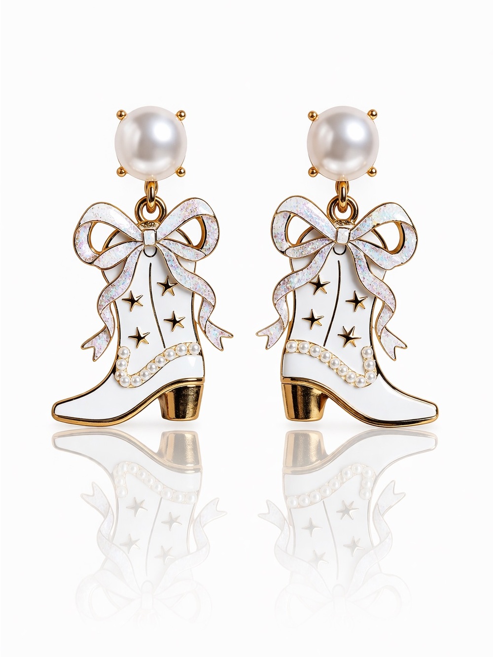 Pearl Bow Cowboy Boot Drop Earrings - White & Gold
